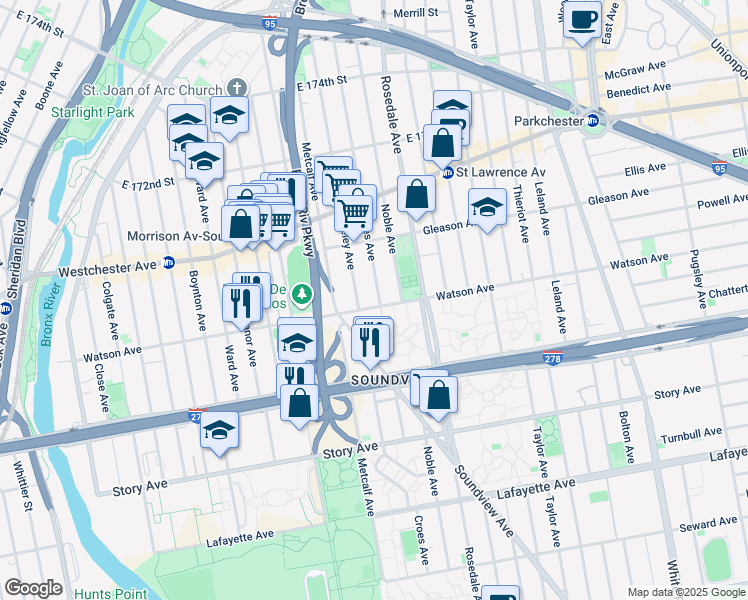 map of restaurants, bars, coffee shops, grocery stores, and more near in Bronx