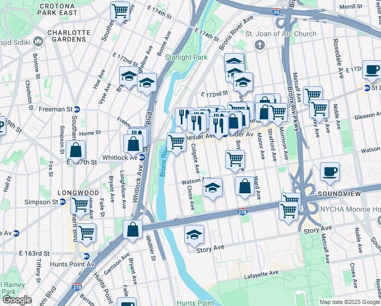 map of restaurants, bars, coffee shops, grocery stores, and more near 1148 Close Avenue in Bronx