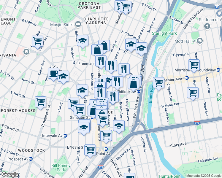 map of restaurants, bars, coffee shops, grocery stores, and more near 1129 Vyse Avenue in Bronx