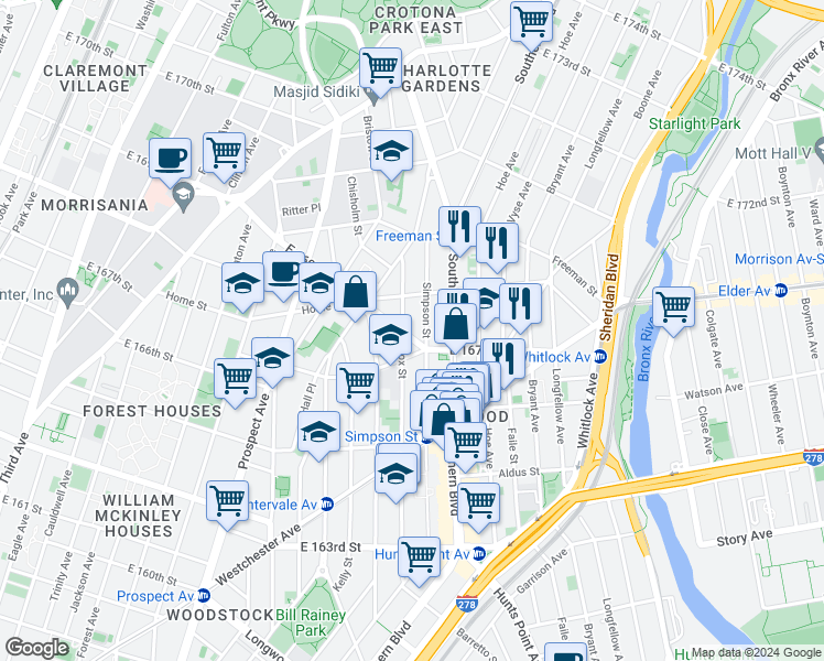 map of restaurants, bars, coffee shops, grocery stores, and more near 1124 Simpson Street in The Bronx