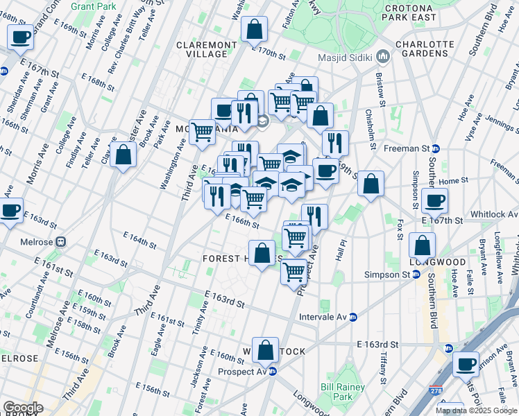 map of restaurants, bars, coffee shops, grocery stores, and more near 1106 Forest Avenue in Bronx