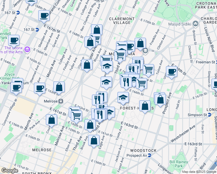 map of restaurants, bars, coffee shops, grocery stores, and more near 503 East 165th Street in Bronx