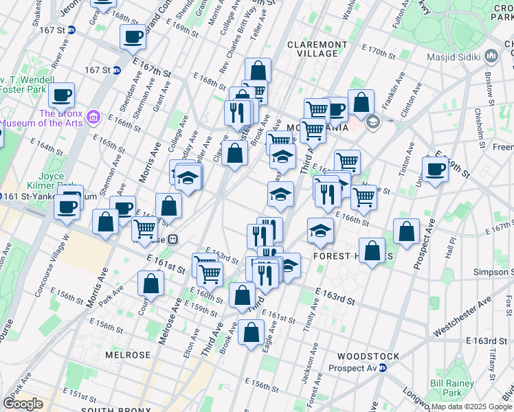 map of restaurants, bars, coffee shops, grocery stores, and more near 454 East 165th Street in Bronx