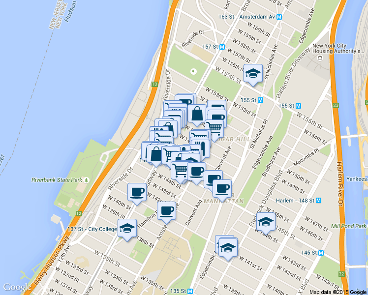 map of restaurants, bars, coffee shops, grocery stores, and more near 533 West 147th Street in New York