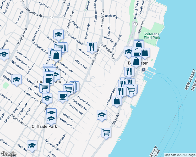 map of restaurants, bars, coffee shops, grocery stores, and more near 100 Winston Drive in Cliffside Park