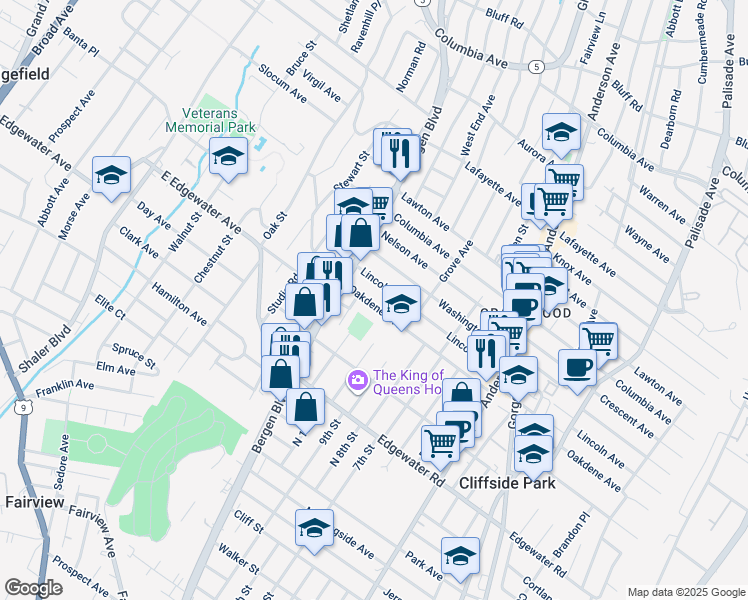 map of restaurants, bars, coffee shops, grocery stores, and more near 494 Oakdene Avenue in Cliffside Park