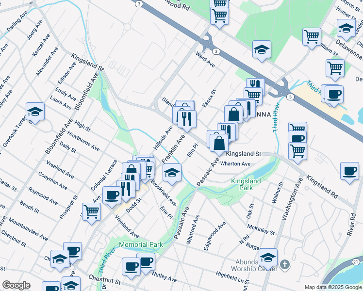 map of restaurants, bars, coffee shops, grocery stores, and more near 83 Elm Place in Nutley