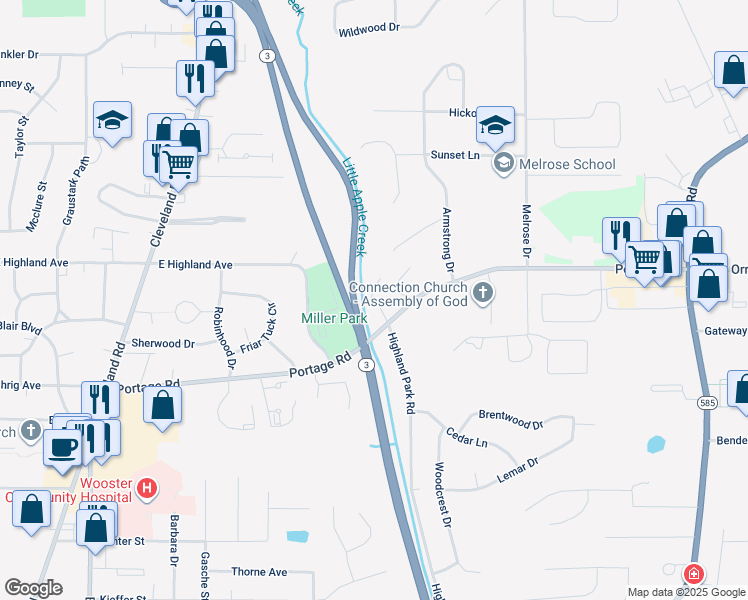 map of restaurants, bars, coffee shops, grocery stores, and more near 1212 East Highland Avenue in Wooster