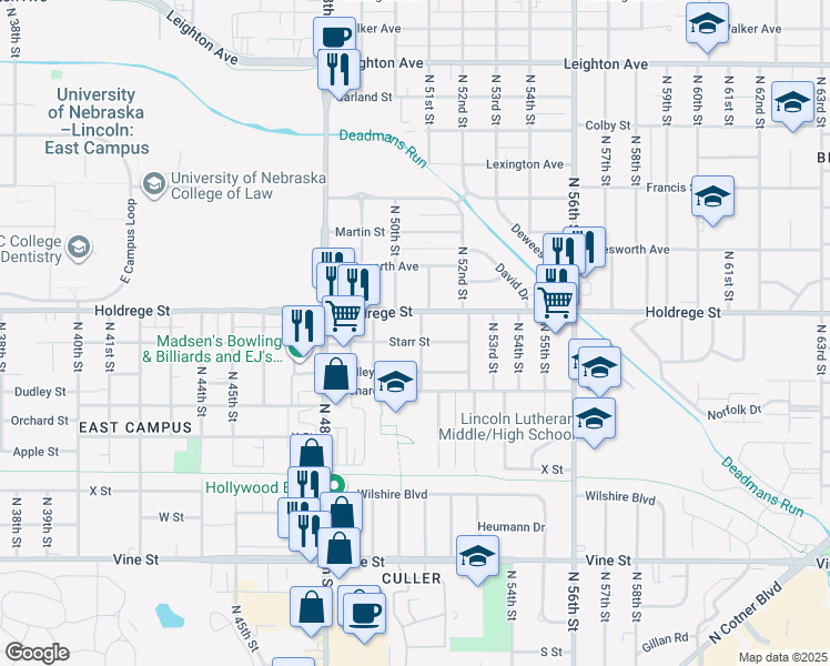 map of restaurants, bars, coffee shops, grocery stores, and more near 5035 Starr Street in Lincoln