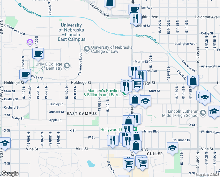 map of restaurants, bars, coffee shops, grocery stores, and more near 1340 North 45th Street in Lincoln