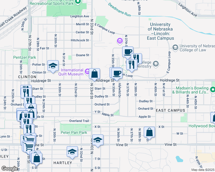 map of restaurants, bars, coffee shops, grocery stores, and more near 3421 Starr Street in Lincoln