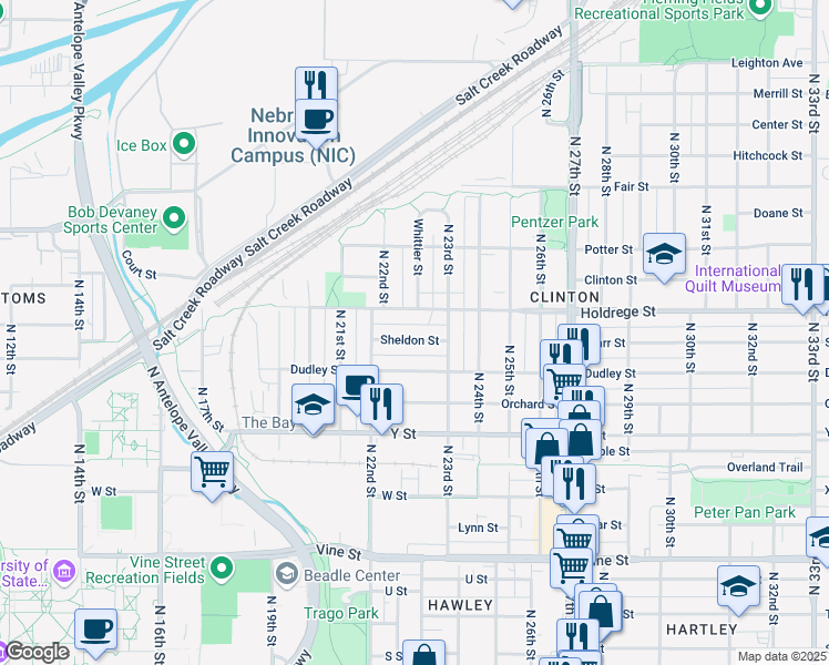 map of restaurants, bars, coffee shops, grocery stores, and more near 2257 Sheldon Street in Lincoln