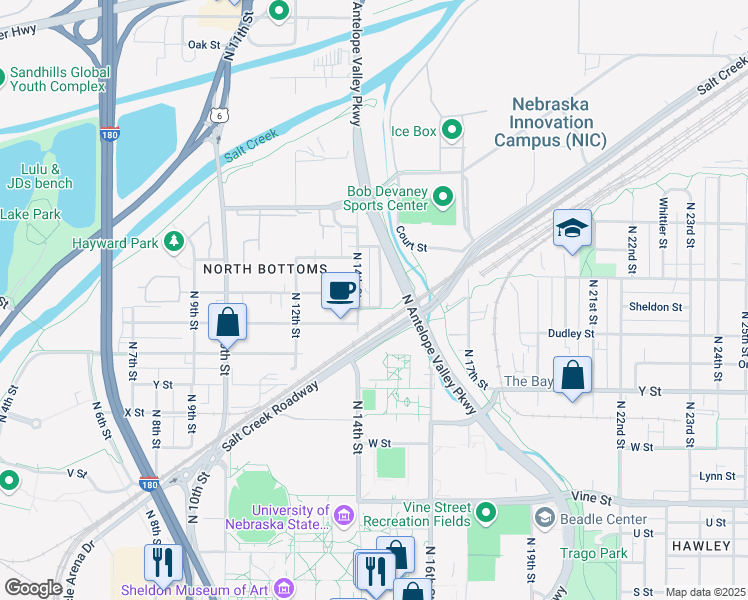 map of restaurants, bars, coffee shops, grocery stores, and more near 1234 North 14th Street in Lincoln