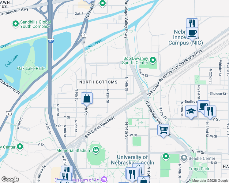 map of restaurants, bars, coffee shops, grocery stores, and more near 1212 New Hampshire Street in Lincoln