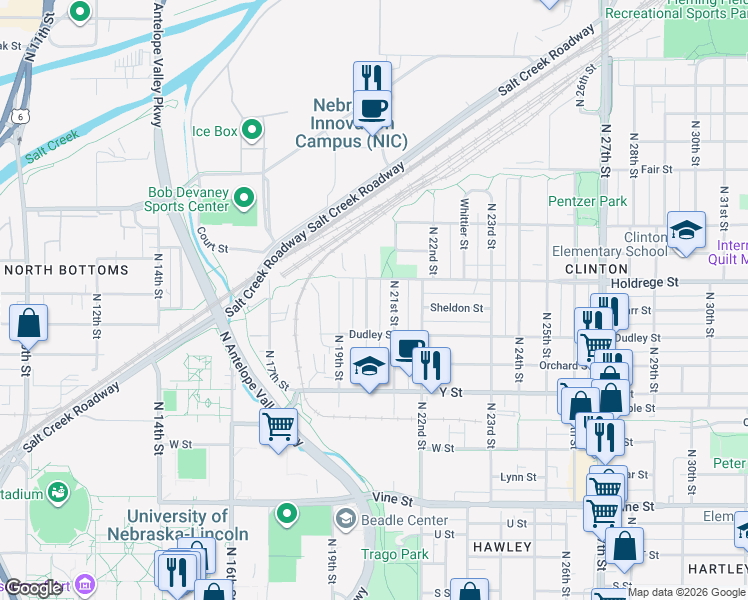 map of restaurants, bars, coffee shops, grocery stores, and more near 1414 North 20th Street in Lincoln