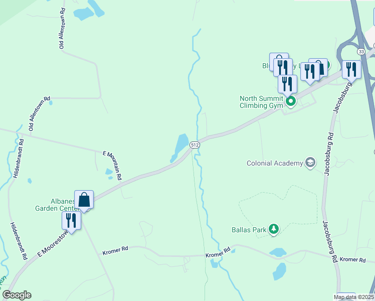map of restaurants, bars, coffee shops, grocery stores, and more near 323 East Moorestown Road in Wind Gap