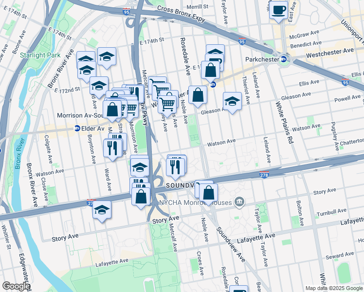 map of restaurants, bars, coffee shops, grocery stores, and more near in The Bronx