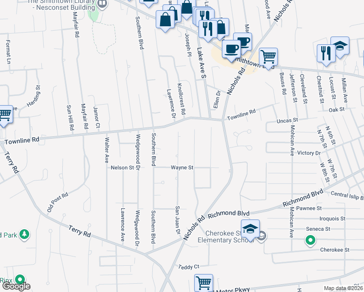 map of restaurants, bars, coffee shops, grocery stores, and more near 185 San Juan Drive in Hauppauge