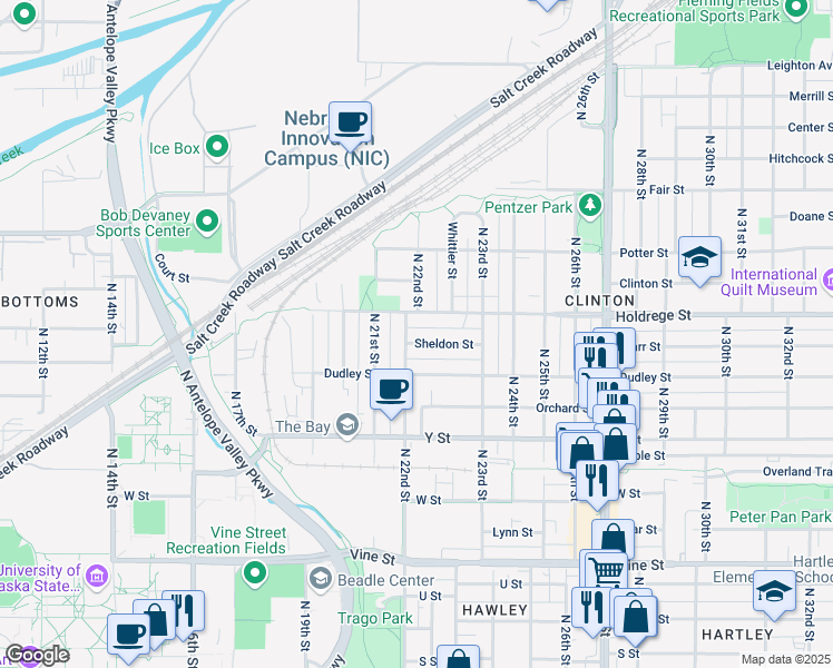 map of restaurants, bars, coffee shops, grocery stores, and more near 2212 Sheldon Street in Lincoln
