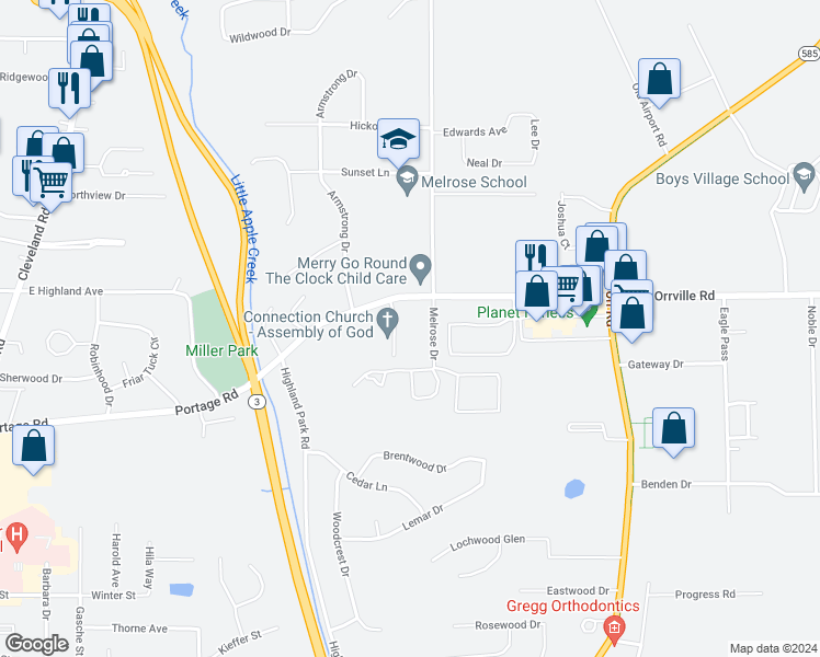 map of restaurants, bars, coffee shops, grocery stores, and more near 2320 Melrose Drive in Wooster