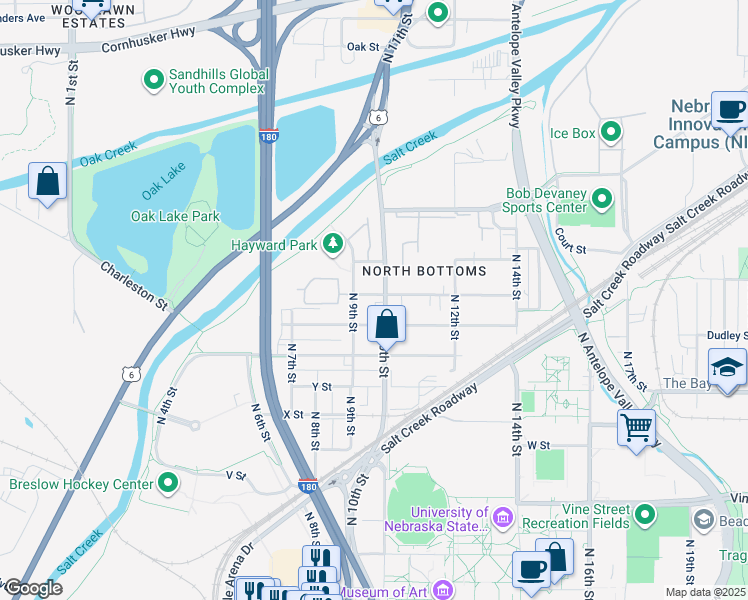 map of restaurants, bars, coffee shops, grocery stores, and more near 941 Claremont Street in Lincoln