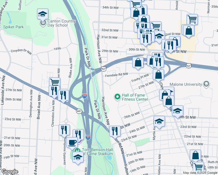 map of restaurants, bars, coffee shops, grocery stores, and more near 2008 Hillcrest Road Northwest in Canton