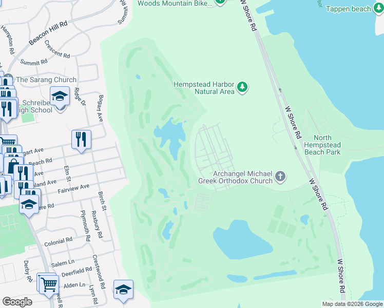 map of restaurants, bars, coffee shops, grocery stores, and more near 59 West Overlook in Port Washington