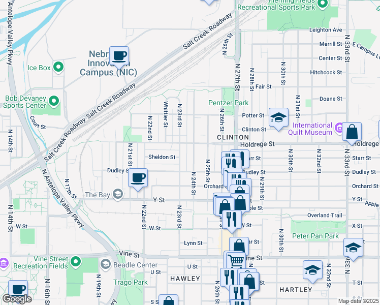 map of restaurants, bars, coffee shops, grocery stores, and more near 1340 North 24th Street in Lincoln