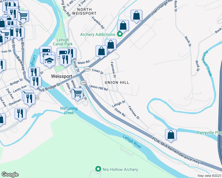map of restaurants, bars, coffee shops, grocery stores, and more near 301-321 Held St in Lehighton