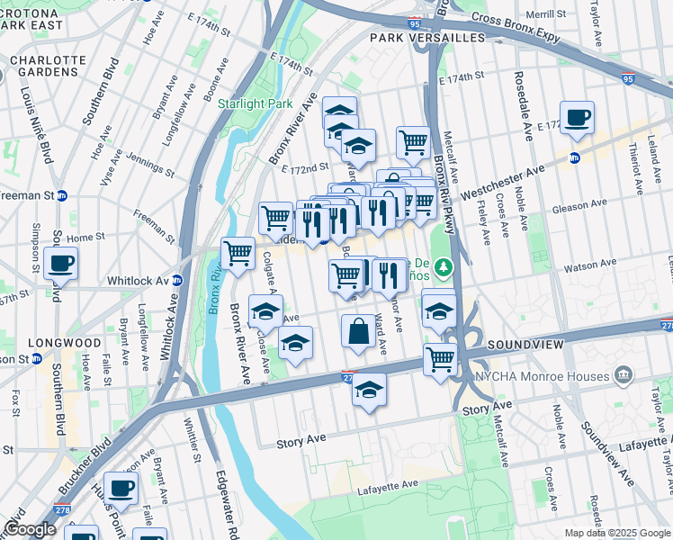 map of restaurants, bars, coffee shops, grocery stores, and more near 1146 Elder Avenue in Bronx
