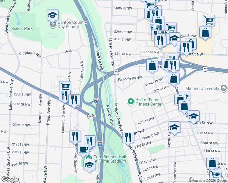 map of restaurants, bars, coffee shops, grocery stores, and more near 2701 Harrison Avenue Northwest in Canton