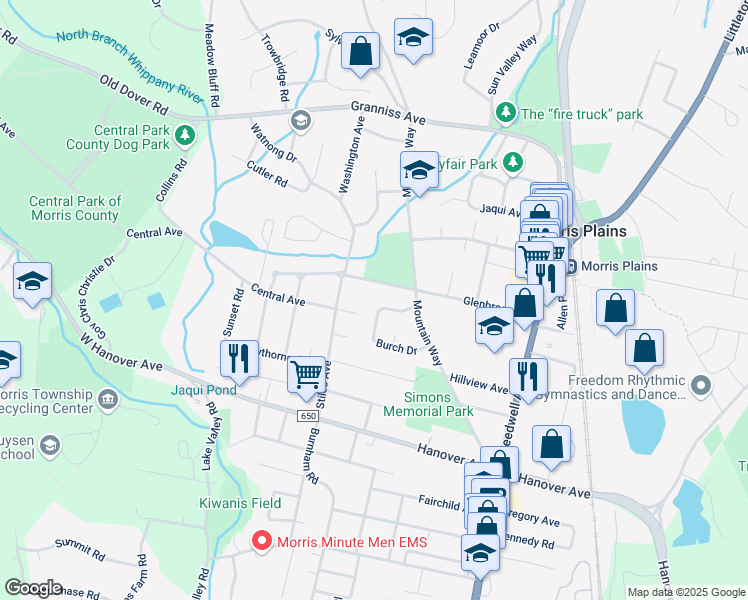 map of restaurants, bars, coffee shops, grocery stores, and more near 23 Burch Drive in Morris Plains