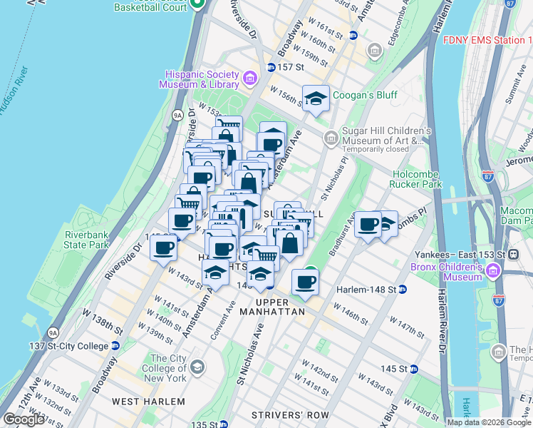 map of restaurants, bars, coffee shops, grocery stores, and more near 458 West 149th Street in New York