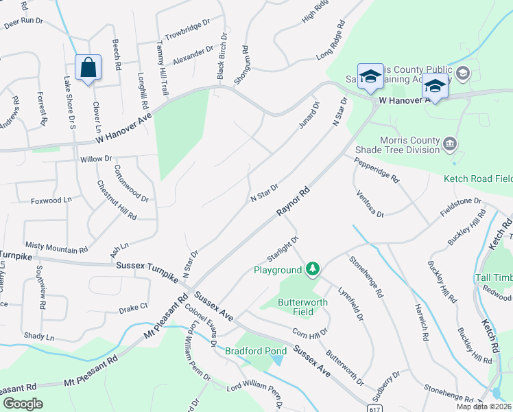 map of restaurants, bars, coffee shops, grocery stores, and more near 26 North Star Drive in Morristown