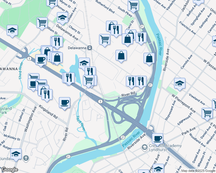 map of restaurants, bars, coffee shops, grocery stores, and more near 261 River Road in Clifton