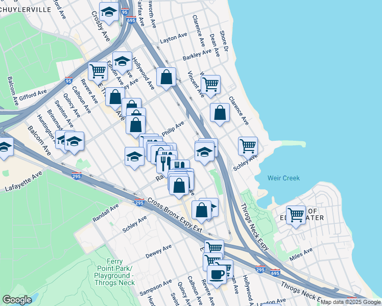 map of restaurants, bars, coffee shops, grocery stores, and more near 3006 Randall Avenue in The Bronx
