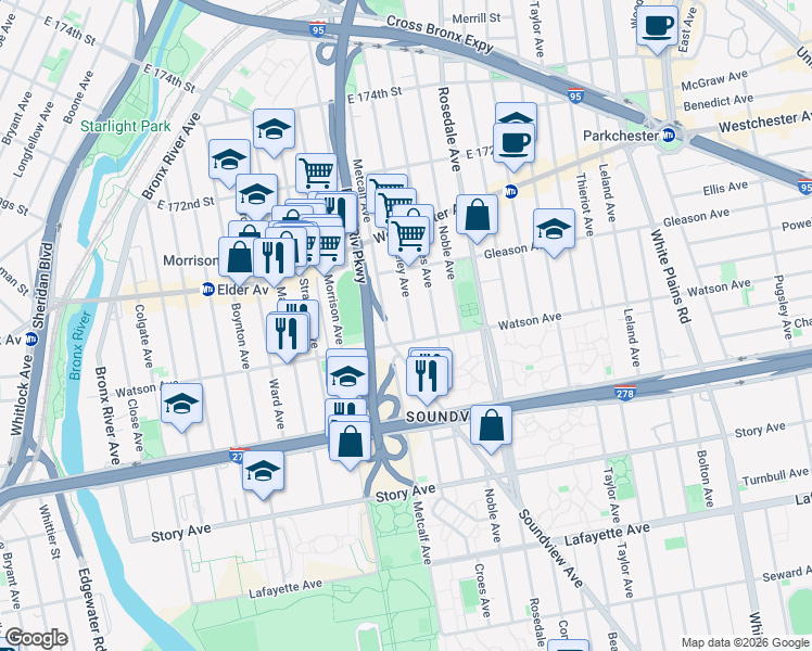 map of restaurants, bars, coffee shops, grocery stores, and more near 1106 Metcalf Avenue in The Bronx