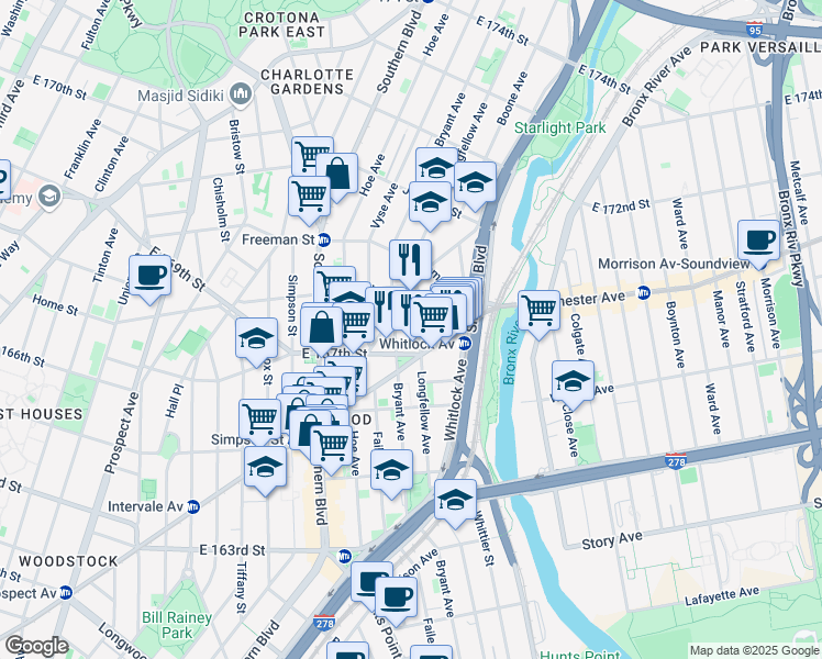 map of restaurants, bars, coffee shops, grocery stores, and more near in The Bronx