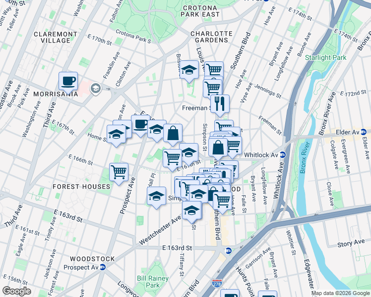 map of restaurants, bars, coffee shops, grocery stores, and more near 1107 Fox Street in The Bronx