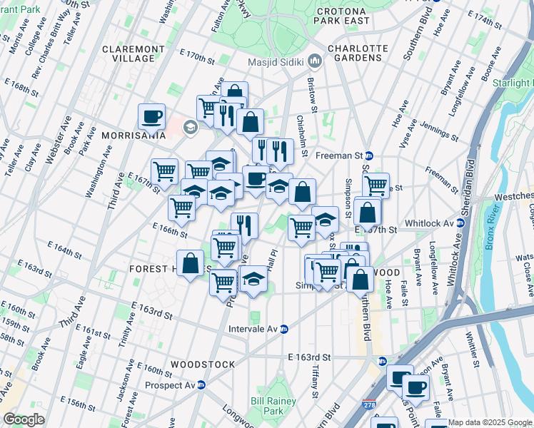 map of restaurants, bars, coffee shops, grocery stores, and more near 1180 Rev James A Polite Avenue in The Bronx