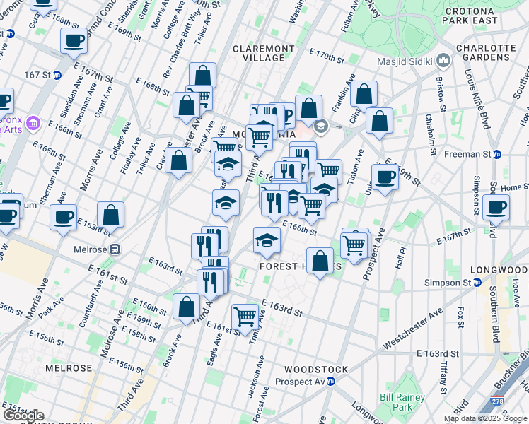 map of restaurants, bars, coffee shops, grocery stores, and more near 1074 Franklin Avenue in Bronx