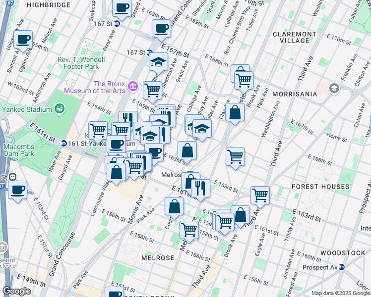 map of restaurants, bars, coffee shops, grocery stores, and more near 963 Teller Avenue in The Bronx