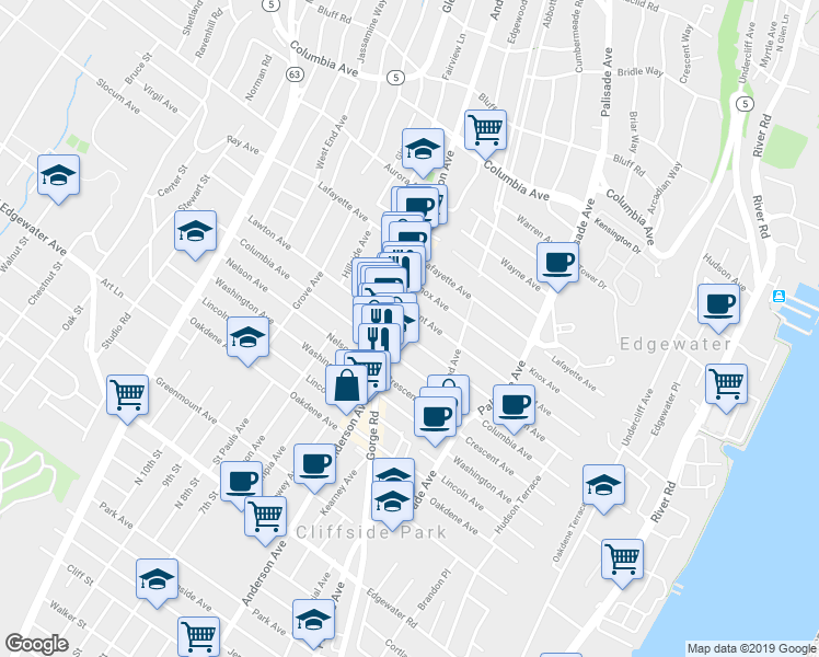 map of restaurants, bars, coffee shops, grocery stores, and more near 279 Columbia Avenue in Cliffside Park