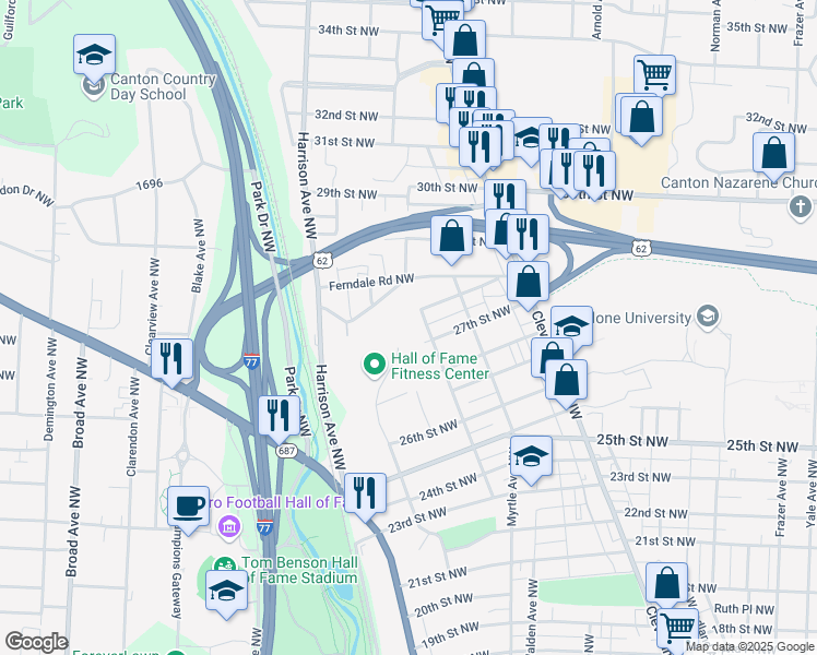 map of restaurants, bars, coffee shops, grocery stores, and more near 1816 Trinity Place Northwest in Canton
