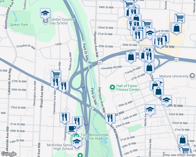 map of restaurants, bars, coffee shops, grocery stores, and more near 2700 Harrison Avenue Northwest in Canton
