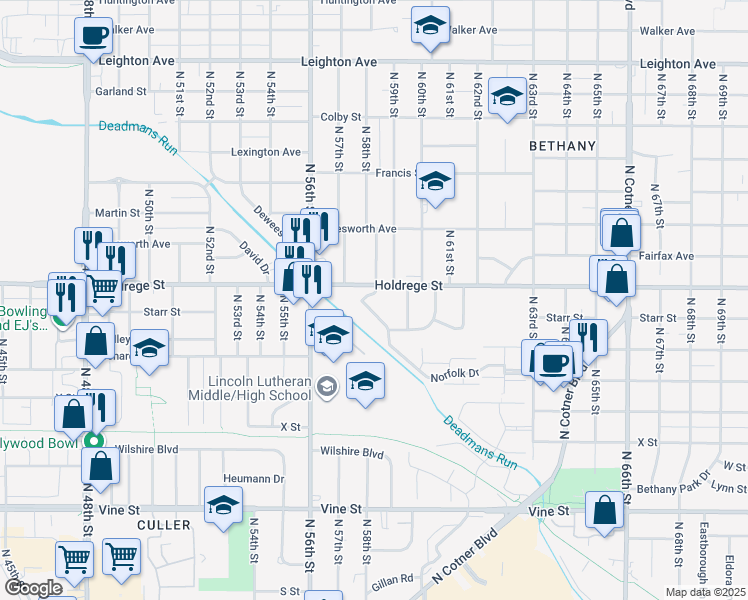 map of restaurants, bars, coffee shops, grocery stores, and more near 5801 Tangeman Terrace in Lincoln