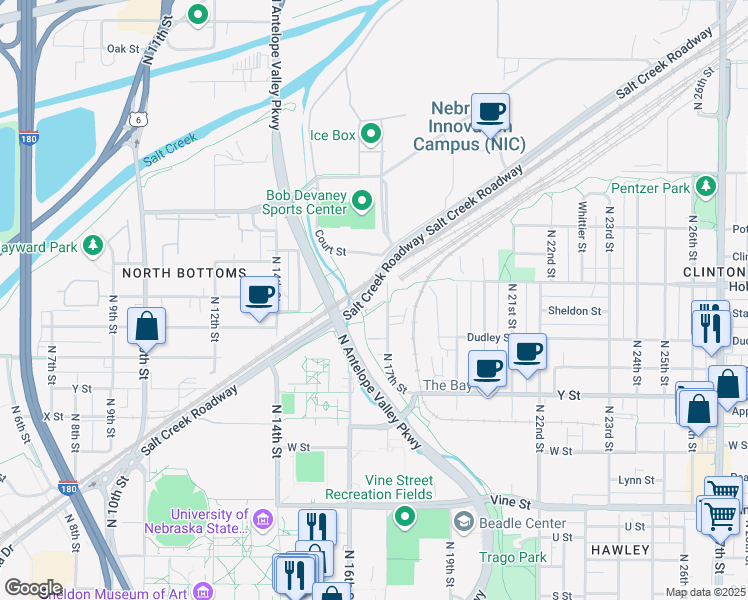 map of restaurants, bars, coffee shops, grocery stores, and more near 1335 North 17th Street in Lincoln