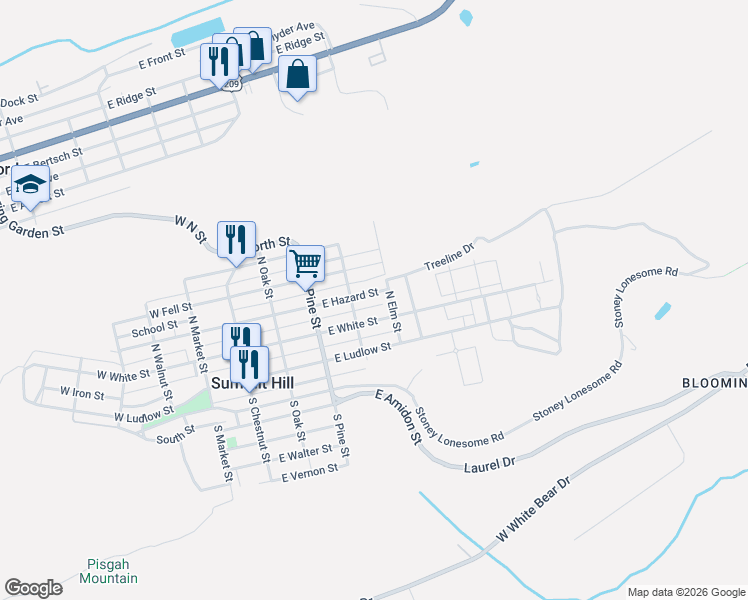 map of restaurants, bars, coffee shops, grocery stores, and more near 334 East White Street in Summit Hill