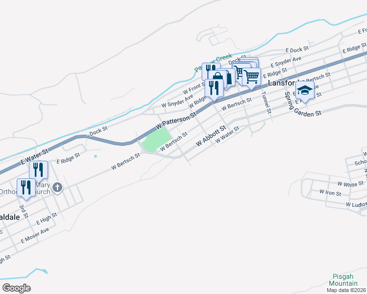 map of restaurants, bars, coffee shops, grocery stores, and more near 366 West Abbott Street in Lansford