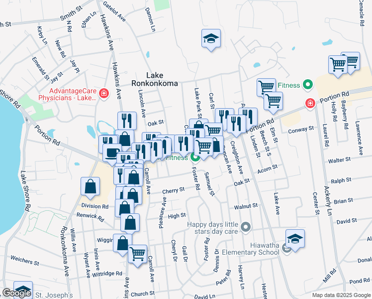 map of restaurants, bars, coffee shops, grocery stores, and more near 256 County Road 16 in Lake Ronkonkoma